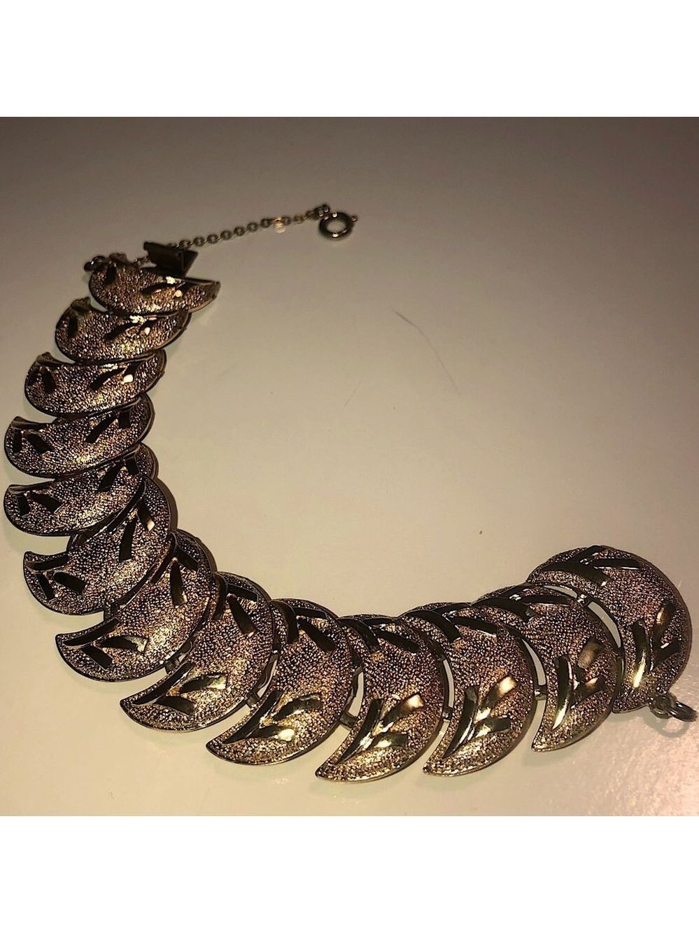 VTG Coro Gold Tone Crescent Moon Bracelet w Safety Chain 7” / 1” Width